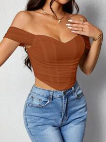 SHEIN PETITE 女士露肩修身精致魅力露背拉链衬衫 - 棕色 - 查看 3