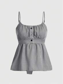 ROMWE Kawaii 格子印花荷叶边下摆吊带背心，带褶饰，学校 - 黑與白 - 查看 1