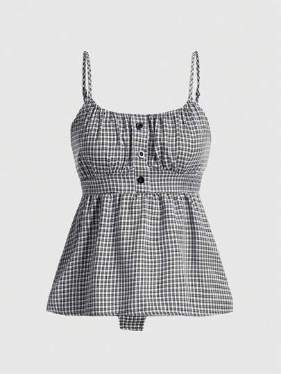 Kawaii Canotta con volant all'orlo stampata a quadri con arricciatura, per la scuola