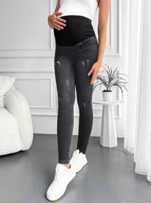 RueChic Maternity Wideband Waist Ripped Frayed Skinny Jeans - Grey - View 4