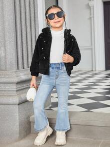SHEIN Explorewe Young Girl Black Fluffy Jacket With Faux Pearl Decor , Elegant And Versatile Design Suitable For Casual Wear, Formal Occasions, And Autumn/Winter Seasons - Black - View 4
