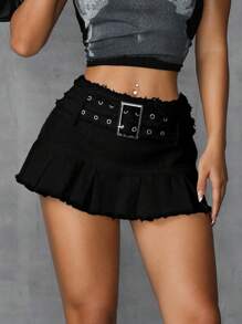 SHEIN ICON Women Frayed Waist Belt Washed Denim Mini Skirt