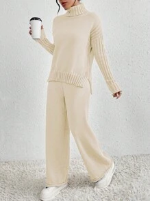 Chiquease Women's Solid Color Turtleneck Dropped Shoulder Long Sleeve Sweater And Knit Pants Set, Autumn Winter