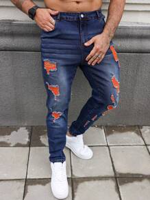 Manfinity EMRG Pantalones vaqueros de mezclilla desgastados con botones delanteros y múltiples bolsillos para hombres de talla grande, para uso casual de todos los días