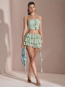 SHEIN BAE 2pcs/Set Women Lace Ruffle Strap Crop Top & Skirt Outfit - Mint Green - View 4