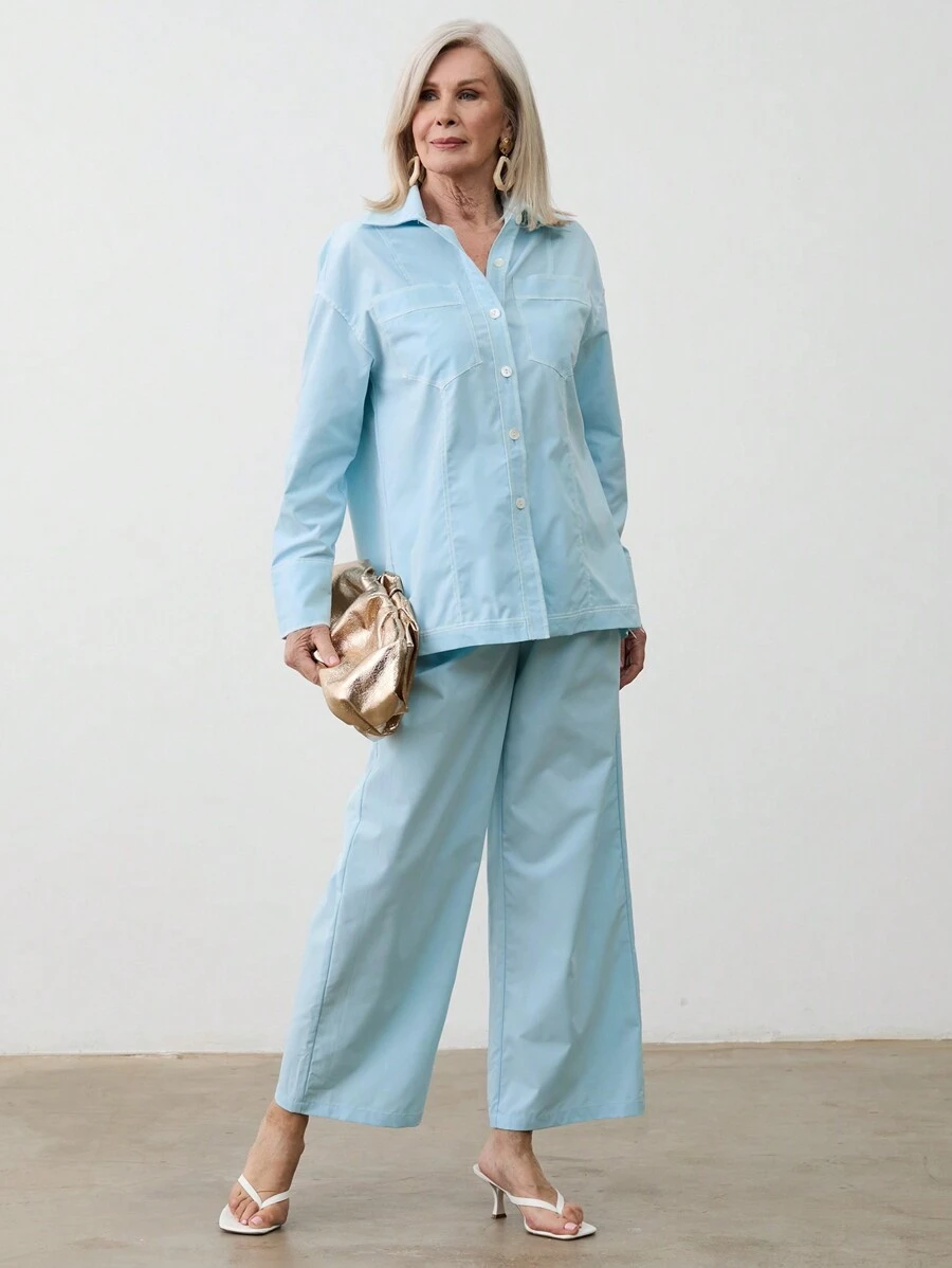 SHEIN LUNE 2 件套女士休闲撞色缝线长袖衬衫和阔腿裤套装，春季/秋季 - 薄荷綠 - 查看 1