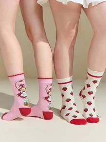 Strawberry Shortcake X SHEIN 2 Pairs Women Cartoon Character & Strawberry Pattern Mid-Calf Socks, Day