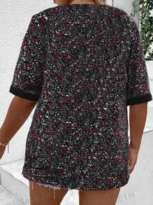 SHEIN LUNE Plus Size Floral Print Patchwork Short Sleeve Top, Casual Vacation - Black - View 2