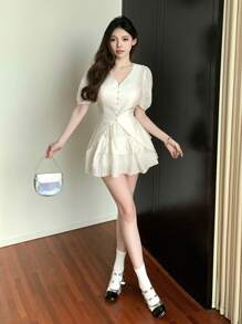 DAZY 2 件套女士夏季休闲纹理半透明衬衫和迷你裙套装