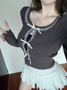 DAZY Suéter de cuello redondo de manga larga para mujer con empalme de color en contraste, calado y adorno de lazo, ropa de mujer para otoño