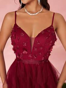 Spaghetti Strap Sexy 3D Embroidered Contrast Mesh Ruffled High Slit Dress, Elegant Formal Evening Prom Dress, For Wedding Guest, Graduation, Dinner Party Dress,Gown - Red - View 6