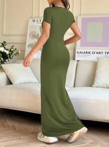 SHEIN EZwear 女士圆领短袖修身优雅迷人时尚连衣裙 - 軍綠色 - 查看 2