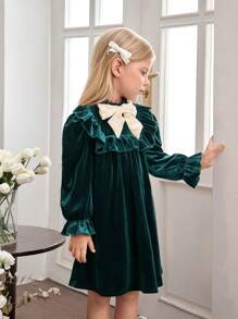 SHEIN Young Girl Knitted Flocking Small Stand Collar Bow Casual Dress, For Christmas - Green - View 5