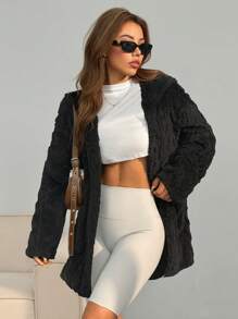 SHEIN EZwear Abrigo con capucha de manga larga informal y amplio con parche de pelusa blanca caída de hombros y bolsillos para el invierno