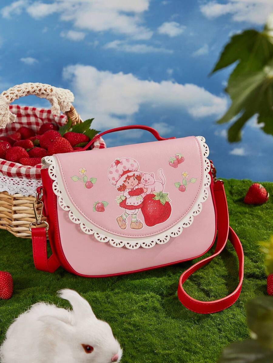 Strawberry Shortcake X SHEIN Cartoon Character & Strawberry Pattern Contrast Laser Cut Scallop Edge Pink Shoulder Bag, & Cute Strawberry Purse,Gift Ideas, Summer / Spring - Pink - View 1