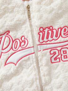 Chaqueta de bombardero de forro polar con bordado de corazón y letra 28 para niñas preadolescentes, abrigo cálido para otoño e invierno - Beis - Ver 3