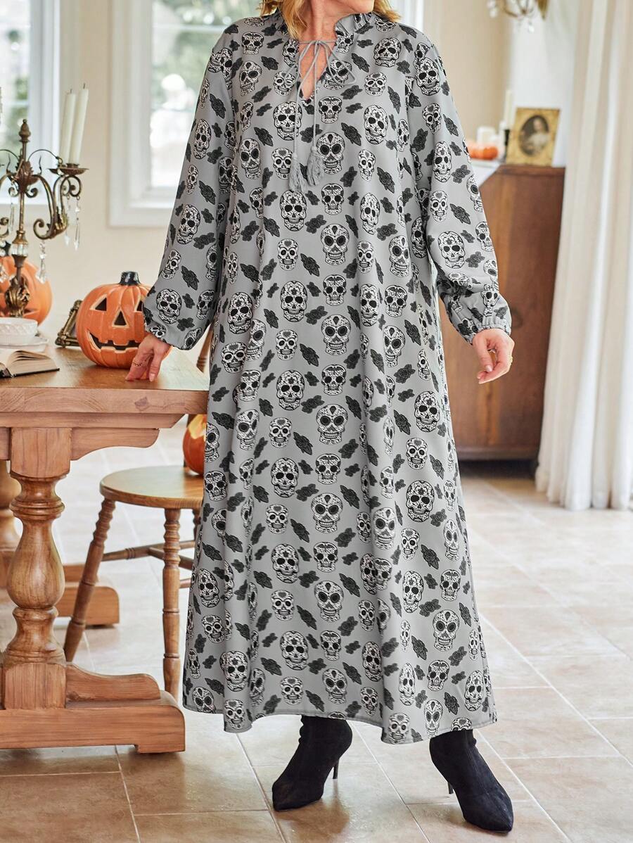 Plus Size Nữ In Hình Đầu Sọ Frill Viền Thắt Cổ Rời Dài Đầm Cho Mùa Xuân & Mùa Hè - màu đen - Xem 1