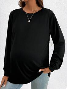 SHEIN Maternity Solid Round Neck Long Sleeves Tee - Black - View 1