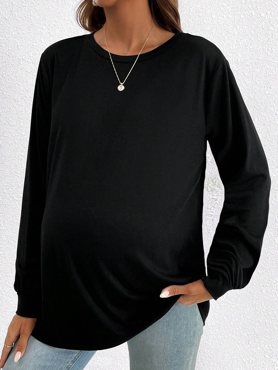 SHEIN Maternity Solid Round Neck Long Sleeves Tee - Black - View 1