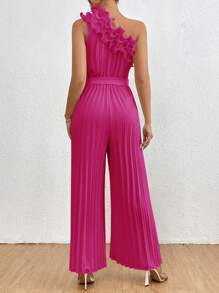 Chiquease Women's Solid Color Asymmetric Collar Embroidered Pleated Jumpsuit - Hot Pink - View 2