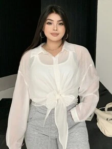 Dazy Petite Plus 加大码纯色宽松翻领长袖领带衬衫透视秋季女装 - 白色 - 查看 3