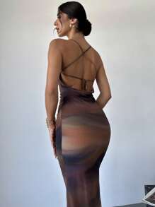 Firerie Vestido cami corto ajustado, de malla transparente, con tirantes, cuello swing, y diseño degradado multicolor, elegante y sexy para vacaciones de verano de mujer