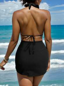 SHEIN Swim Conjunto de vestido de baño y traje de baño triangular con espalda descubierta y fruncido, unicolor, para vacaciones, para mujer en verano - Negro - Ver 7