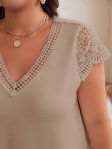 SHEIN Frenchy Váy ren ghép thời trang mùa hè cho nữ cỡ lớn đi nghỉ mát - Màu Khaki - Xem 3