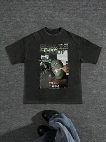 PAVTROS Loose Fit Men Slogan & Angel Print Drop Shoulder T-Shirt - Black - View 1