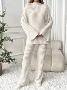 SHEIN LUNE 2 piezas Conjunto de suéter informal con cuello alto a rayas para mujer