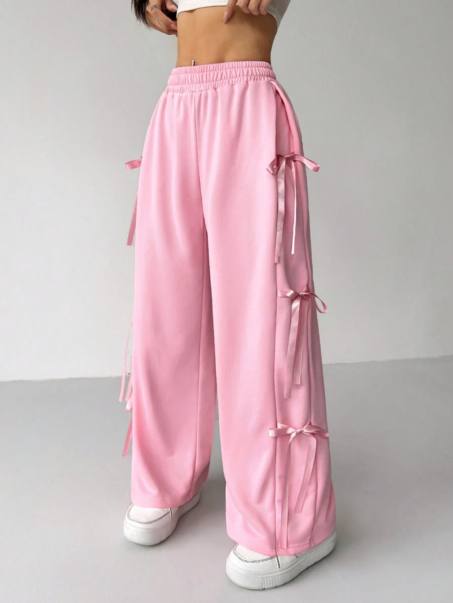SHEIN PETITE Sweet And Lovely Pink Bow Detail Knot Tie Waist Sweatpants For Spring And Summer - Pink - View 1