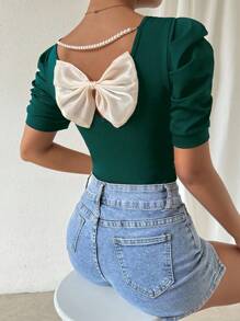 Chiquease Camiseta de mujer de ajuste ceñido con mangas abullonadas, elegante - Verde Oscuro - Ver 6
