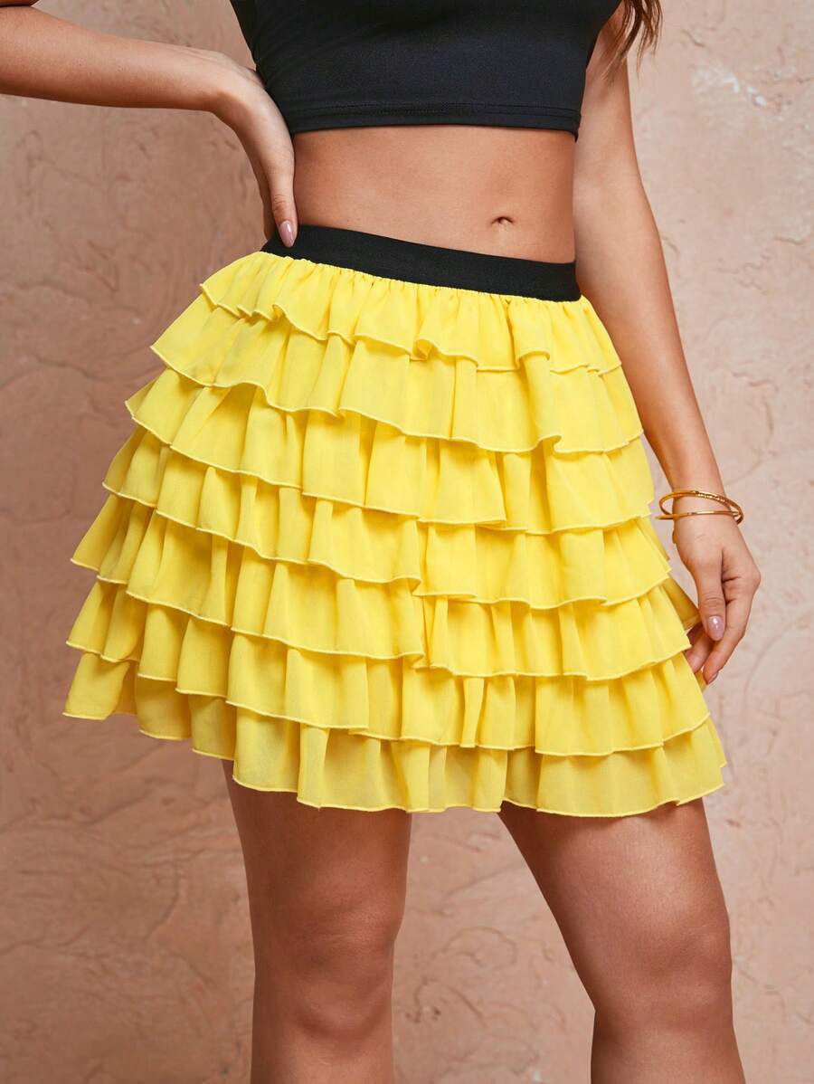 LYDIA SIMONE Designer Summer Sweet Elegant Elastic Waist Ruffle Trim Chiffon Skirt, For Summer, Holiday, Vacation - Yellow - View 1