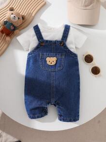 SHEIN Playful Pals Baby Boy Cartoon Bear Pocket Decor Casual Bib Shorts, Summer
