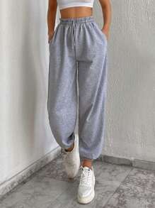 EURMUSE Drawstring Waist Joggers - Light Grey - View 6