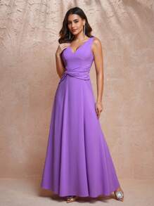 ACUSTOMFIT Designer Women's Solid Color V-Neck Side Waist Hollow Twist Long Elegant Chiffon Dress,Summer Elegant Dress