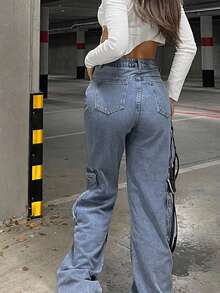 Calça jeans feminina estilo Y2K com vários bolsos e perna reta, estilo cargo, estilo streetwear - Lavagem leve - Ver 2