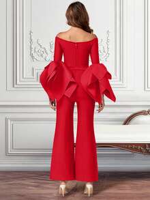Elegant Ruffled Sleeve Fitted Bandage Jumpsuit - Red - View 2