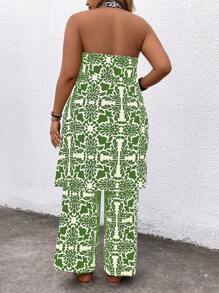 Breezaya Conjunto informal de 2 piezas de talla grande para vacaciones con parte superior halter de espalda dividida con estampado all-over y pantalón de pierna ancha