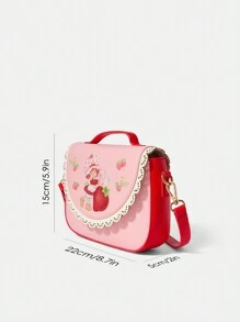 Strawberry Shortcake X SHEIN Cartoon Character & Strawberry Pattern Contrast Laser Cut Scallop Edge Pink Shoulder Bag, & Cute Strawberry Purse,Gift Ideas, Summer / Spring - Pink - View 9