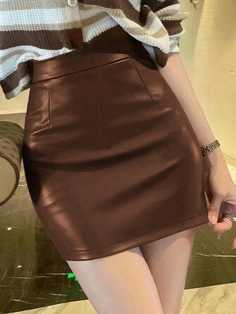 Solid Color Sexy Bodycon Faux Leather Mini Skirt