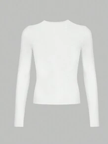 INAWLY 女士纯色圆领褶皱修身长袖 T 恤 - 白色 - 查看 2