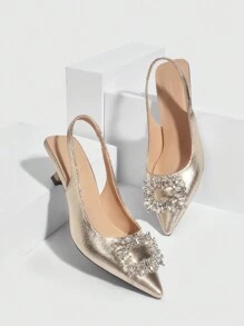 CUCCOO CHICEST Woman Shoes Fashion High Heel Sandals With Rhinestone Square Buckle, Backless, Gold Pointed Toe Wedding Shoes For Spring And Summer Spring Shoes Spring Break Easter Prom Heels - Gold - View 5