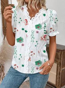 SHEIN LUNE Blusa Floral com Decote em V e Renda, Manga Curta com Contraste, para Mulheres - Verde - Visão 7