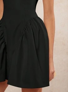 L'Amorae Ruffle Hem Square Neck Solid Dress - Black - View 3