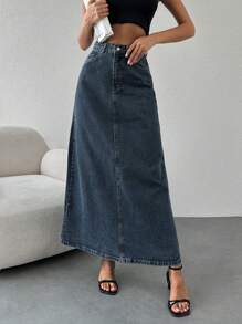 EURMUSE High Waist Denim Skirt - Dark Wash - View 5