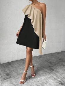 Chiquease Robe asymétrique à volants sur les épaules ample et droite, contraste, pour femmes, vacances