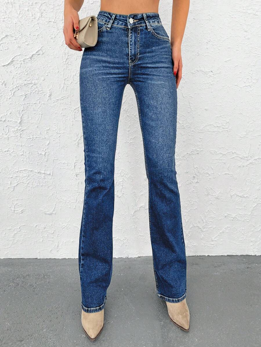 EURMUSE Casual Skinny Flare Leg Jeans - Dark Wash - View 1