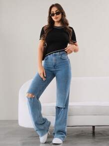 Mulvari 2pcs Contrast Stitch Rib-Knit Slim Fit Tee For Summer