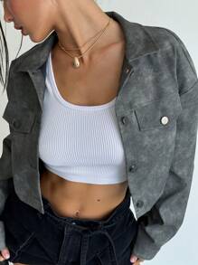 Muchica Women's Front Button Long Sleeve Pocket Short Casual Jacket - Grey - View 6